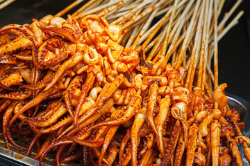Street food of grilled Squid on the streets of Guilin