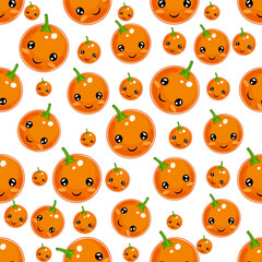 Cute Orange fruits seamless pattern with cheerful face on white background. Orange fruits caracter illustration. vector illustration