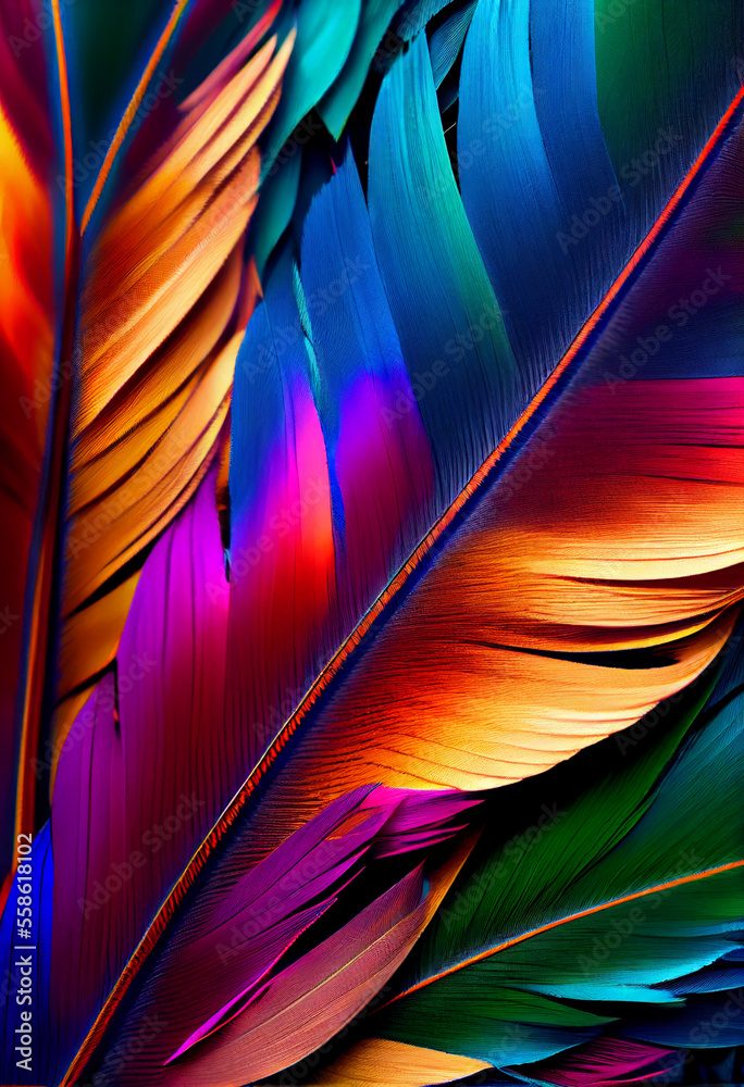Poster Bird feather neon colored light. Beautiful background pattern texture for design. 
