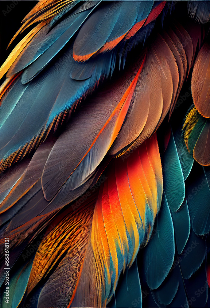 Poster Bird feather neon colored light. Beautiful background pattern texture for design. 