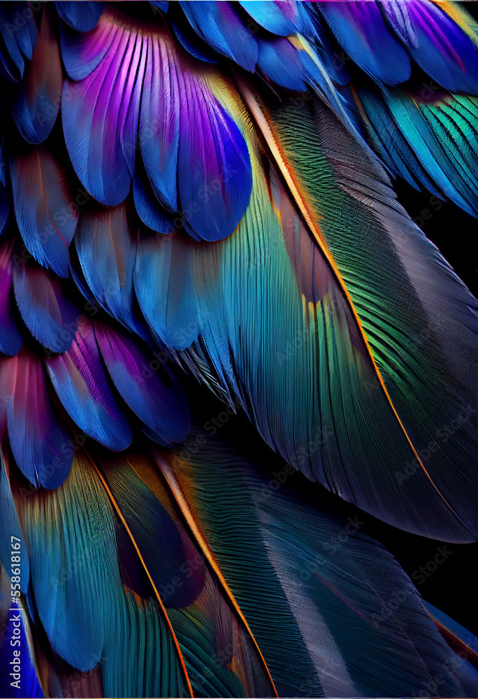 Poster Bird feather neon colored light. Beautiful background pattern texture for design. 