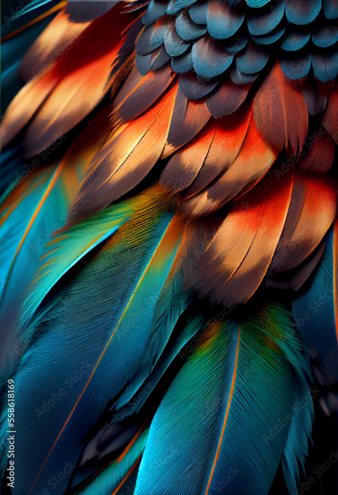 Poster bird feather neon colored light. beautiful background pattern texture for design.