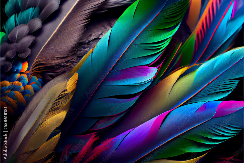 Poster Bird feather neon colored light. Beautiful background pattern texture for design. 