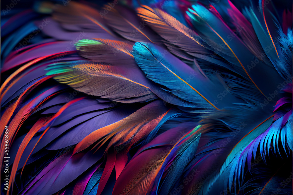 Poster Bird feather neon colored light. Beautiful background pattern texture for design. 