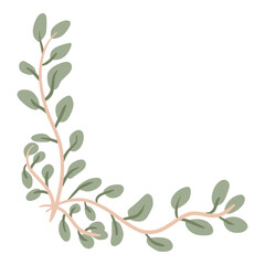 branches with green tiny leaves hand drawn style for corner border or frame