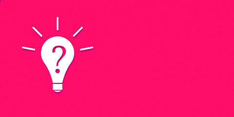 White light bulb with shadow on pink background. Illustration of symbol of lack of idea. Question mark. Banner for insertion into site. Horizontal image. 3D image. 3D rendering.