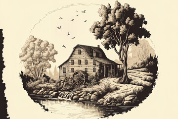 Hand drawn peaceful landscape with a watermill and river. Generative AI - obrazy, fototapety, plakaty