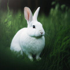 A white fluffy rabbit with long ears sits in the green grass.  Generative AI, generative artificial intelligence