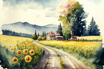 Farm with sunflowers, watercolor painting by hand. Painting of a landscape with a mountain, farmland, sunflower field, trees, home, unpaved road, grass, shrubs, foggy sky, etc. Generative AI
