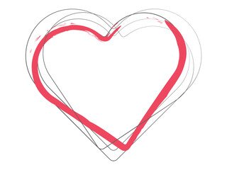 Heart shape with red and black outlines, brush stroke sketch of February love design elements, isolated object with transparent background