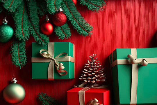 Festive interior design with Christmas present boxes wrapped in various colors behind a Christmas tree on a red backdrop. Generative AI