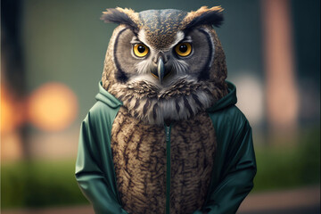 Portrait of a fitness athlete owl wearing sportswear, generative ai