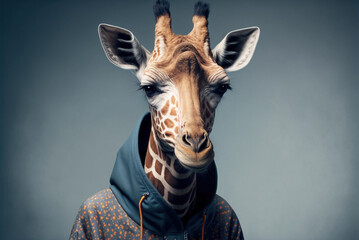 Fototapety  Portrait of a fitness athlete giraffe wearing sportswear, generative ai