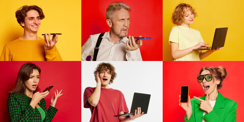 Collage. Different people, men and women posing with devices, communicating with phone and laptop over multicolored background