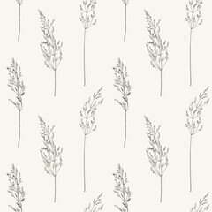 Fototapeta na wymiar Dry grass seamless pattern. Black and White tones. Vector botanical illustration. Herbal background for wallpaper. Field with wild plants . Vertical ornament. Sketch.