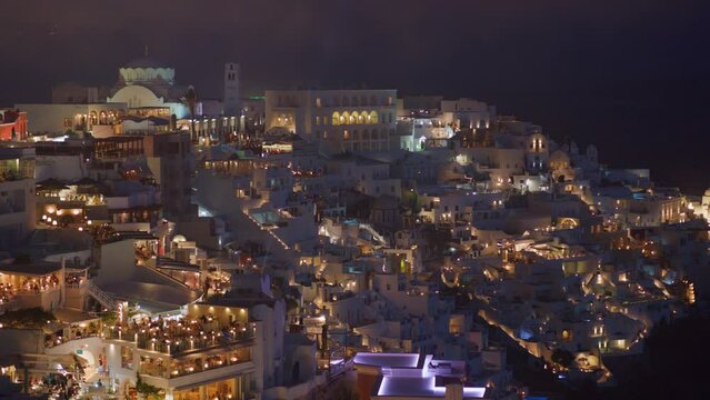 Night View Of Fira City, Santorini, Greece