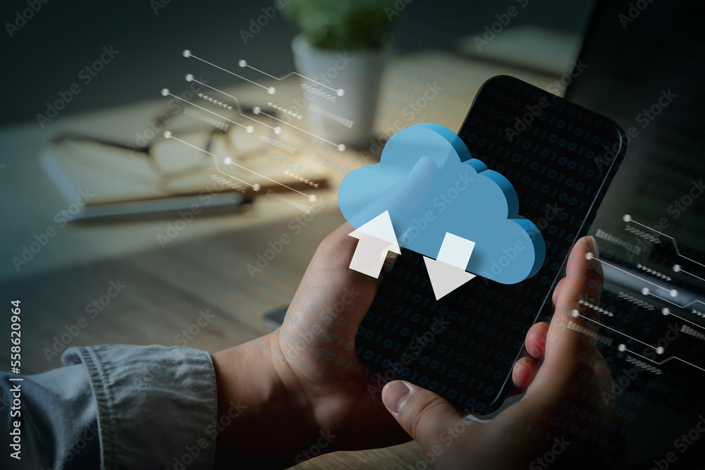 Poster cloud computing businessman connect devices to cloud technology networking cloud computer
