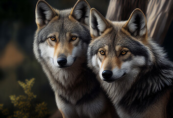 Fototapeta premium Two wolves in forest. Generative Ai art. Wildlife concept with animals.