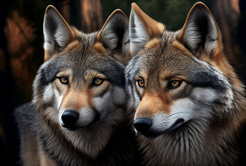 Obraz premium Two wolves in forest. Generative Ai art. Wildlife concept with animals.