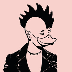 Black Ink Brush illustration of a punk style character with a rooster comb for a mohican