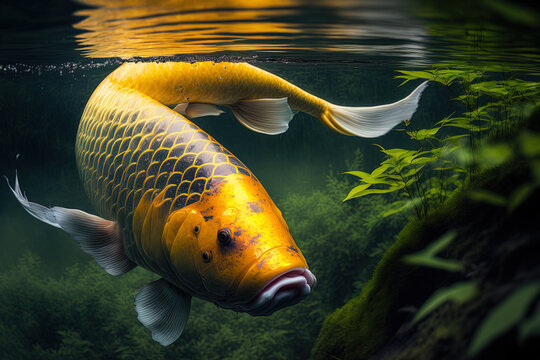 A vibrant carp fish swims in a pond. Generative AI