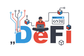 Defi concept. Developer with laptop working on a project. Future technologies. Vector illustration flat design. Isolated on white background.