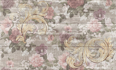 Fototapeta na wymiar Peonies and roses. Floral vintage seamless pattern. Gold monograms and pink flowers, leaves, branches on wooden background. Oriental style.Texture background for creativity and advertising.