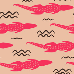 Cute seamless vector pattern background illustration with crocodile and abstract elements