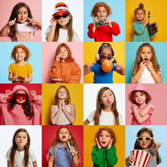 Collage. Portraits of cute emotional girls, children showing different emotions, posing over...