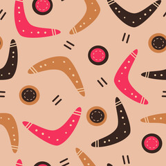 Cute colorful seamless vector pattern background illustration with boomerang and abstract shapes