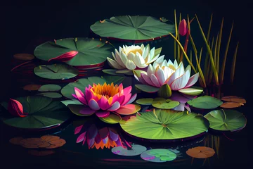 Foto op Canvas Pink water lilies, (lotus) in the pond, white and pink. Tropical water flower plants blooming on the water surface, nature, waterscape, realistic illustration, digital painting, generative AI  © RisingSun