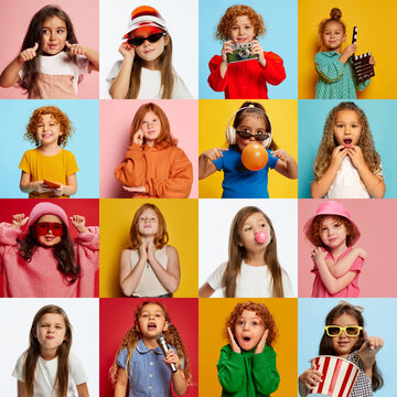 Collage. Portraits of cute emotional girls, children showing different emotions, posing over multicolored background. Diverse hobby, fun and game