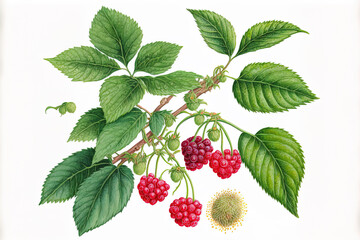 A close up of a branch with green leaves and scarlet raspberry fruits (Rbus idaeus). Illustration of a watercolor painting by a hand drawn artist on a white backdrop. Generative AI
