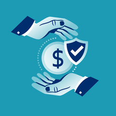 Protection money. Man holding hands over the money to protect. Concept of a safe and secure investment, insurance. Dollar coin and security shield. Vector illustration flat design.