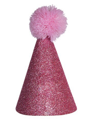 Realistic pink glitter party hat with pompon on top. Isolated cutout on a transparent background.