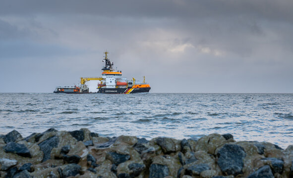 The ship "Neuwerk" of the German coast guard on the river Elbe near Cuxhaven, Germany. Picture taken January 5th 2023.