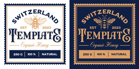 Vector honey label template in vintage style with logo bee, this design can be used as a template for a honey package