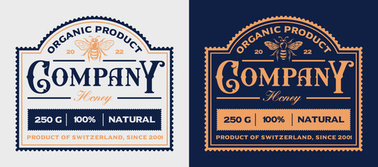 Vector honey label in vintage style with logo bee, this design can be used as a template for a honey package
