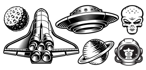 Alien vector graphics set isolated on white background such as asteroid, spaceship, Saturn planet, flying saucer, alien head, astronaut helmet © Harry Kasyanov