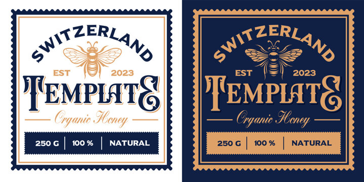 Vector honey label template in vintage style with logo bee, this design can be used as a template for a honey package