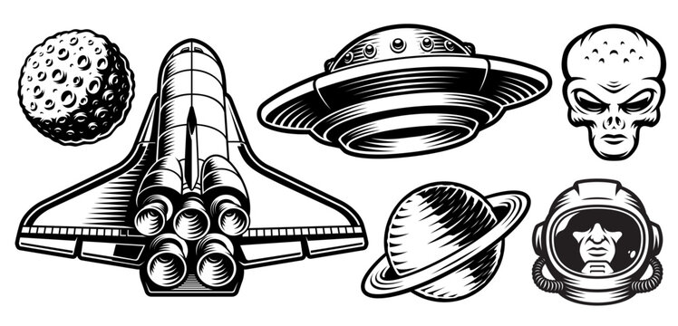 Alien vector graphics set isolated on white background such as asteroid, spaceship, Saturn planet, flying saucer, alien head, astronaut helmet