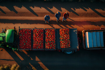 Men sorting tomatoes on a flatbed trailer in an aerial shot taken at daybreak. Generative AI