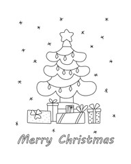Decorated Christmas tree with star, gift boxes and garland. New Year and Merry Christmas greeting card, poster, icon. Vector illustration in a doodle style, isolated on a white background.