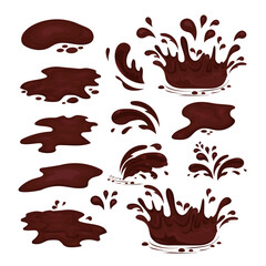 The chocolate is flowing. Puddles, splashes, drops. Vector set on a white background - obrazy, fototapety, plakaty