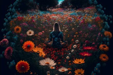 a person meditating in a field of flowers, surrounded by colourful blooms (AI Generated)