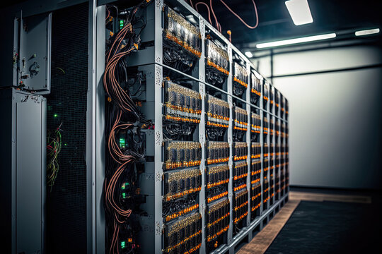 Large farm of bitcoin miners. In a steel container, ASIC mining equipment on stand racks mines bitcoin. Application specific integrated circuit datacenter for blockchain technology. lights in the serv