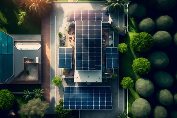 rooftop solar panel system with a birds-eye view, to showcase the size and scale of the installation (AI Generated) 
