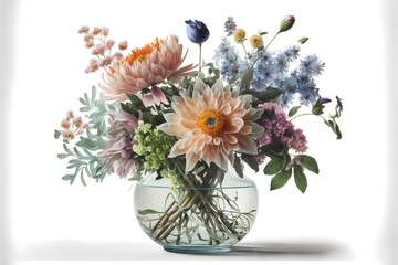 bouquet of pastel coloured flowers arranged in a glass vase against a white background (AI Generated)