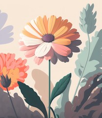 close-up of a single, brightly coloured flower set against a background of muted, pastel coloured flowers, DIGITAL ART (AI Generated)
