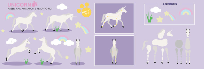 White Unicorn ready to animate with multiple poses accessories. Vector file labeled ready to rig. Horse riding, horse jumping, horses playing. Cute character.  © Louise